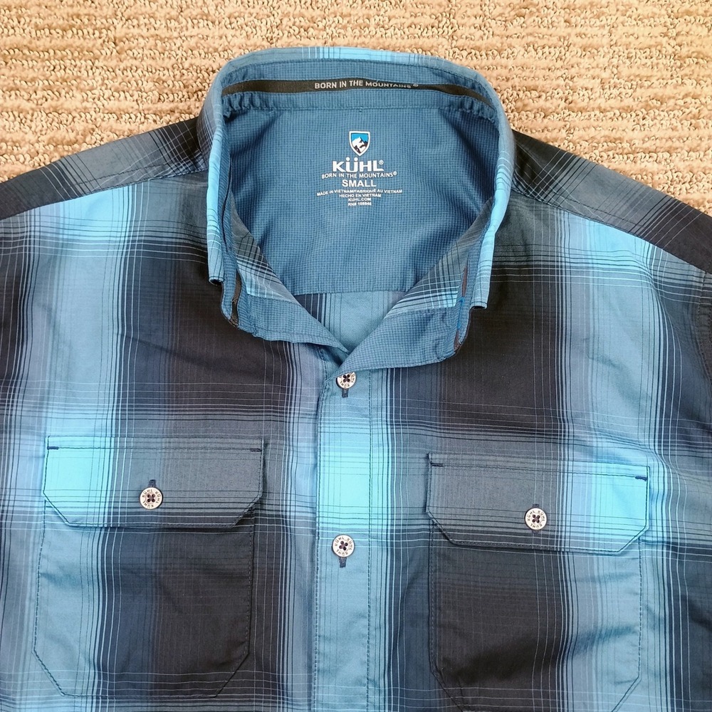 Kuhl Short Sleeve Button Down Mens Small Blue Plaid Hiking Shirt 7452